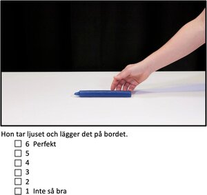 [Translate to English:] hand hovering över a blue candle lying flat on a whithe surface. Black background. Under the picture there is a question and some answering boxes to check.