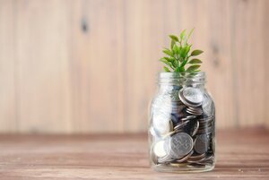 [Translate to English:] A glass jar with coins and a small bransch with leaves on it growing out of the jar.