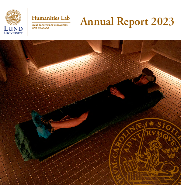 woman lying on a narrow mattress on a net like floor, with a VR headset. Soft brown light coming from the sides.