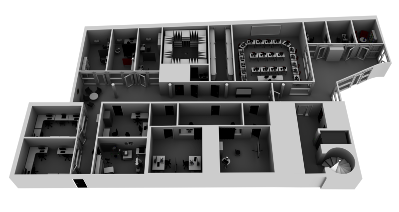 A 3d-visualisation over the lab rooms and studios, looking from above