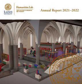 [Translate to English:] a 3d model of the reconstruction of the inside of Vadstena church- pews and altar and a balcony in colour, roof and floor in grey