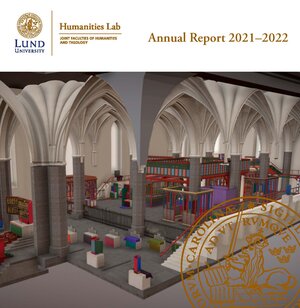 a 3d model of the reconstruction of the inside of Vadstena church- pews and altar and a balcony in colour, roof and floor in grey