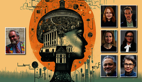 poster with a artful head consisting of different circuits and buildnings etc, together with 7 portraits of participants in the talk