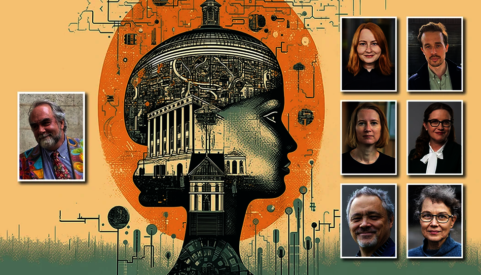 [Translate to English:] poster with a artful head consisting of different circuits and buildnings etc, together with 7 portraits of participants in the talk