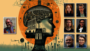 [Translate to English:] poster with a artful head consisting of different circuits and buildnings etc, together with 7 portraits of participants in the talk