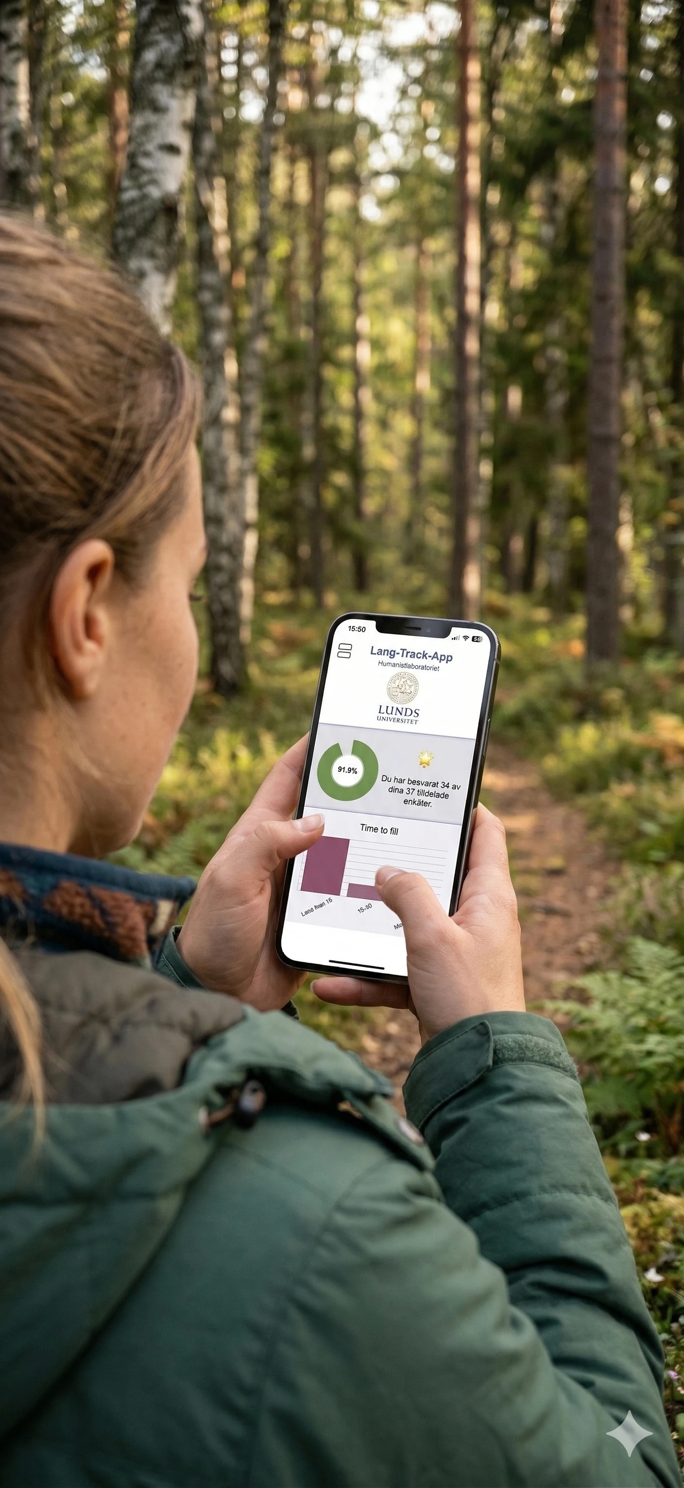 woman holdning up phone in the forest (AI-generated)