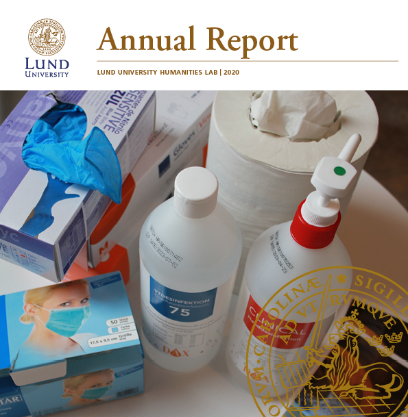 [Translate to Svenska:] front page of annual report with bottles of desinfectant, face masks and gloves
